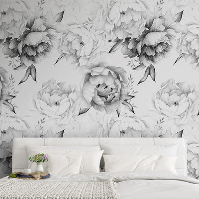 Self Adhesive Black and White Peonies Watercolor Large Flowers Wall Mural CCM051