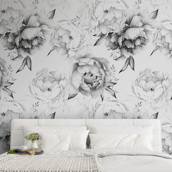 Black & White Watercolor Peonies Wall Mural CCM051