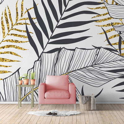Self Adhesive Black Gold Exotic Palm Leaves Wall Mural CCM013