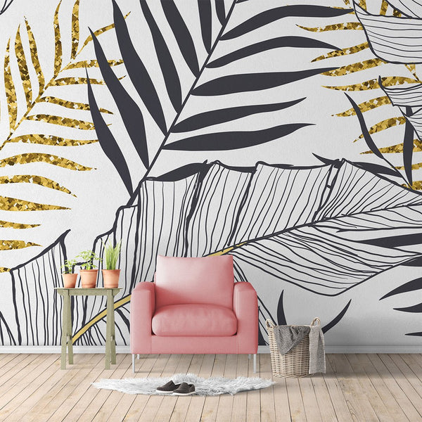 Black & Gold Palm Leaves Wall Mural CCM013 - CostaCover - Peel and stick Removable Wallpaper - abstract wallpaper - accent wallpaper - art deco