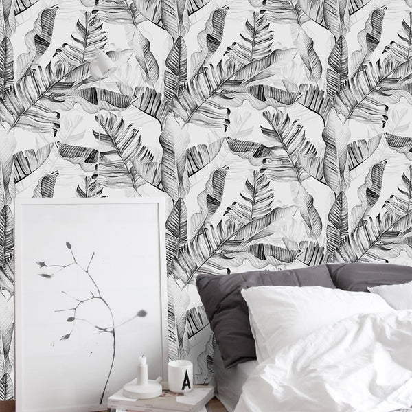 Black & White Palm Leaves Wallpaper CC253 - CostaCover - Peel and stick Removable Wallpaper - accent wallpaper - adhesive wallpaper - banana leaves