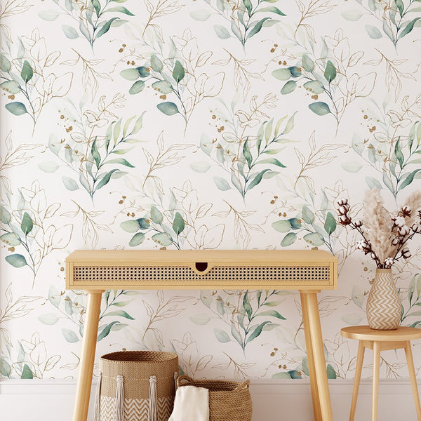 Green Eucalyptus Leaves Wallpaper CC228 - CostaCover - Peel and stick Removable Wallpaper - accent wallpaper - adhesive wallpaper - bathroom wallpaper