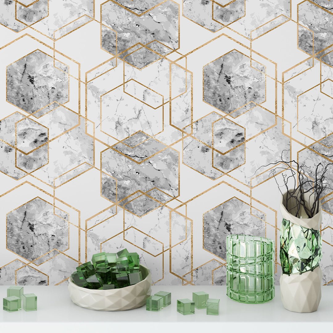 Marble and Gold Honeycomb Wallpaper