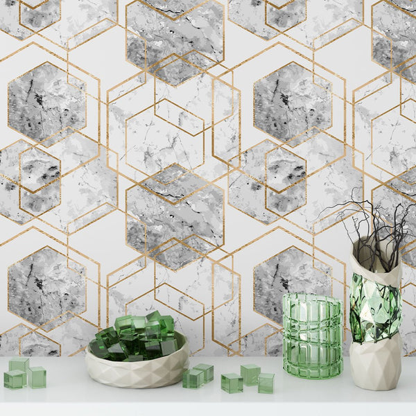 Marble & Gold Honeycomb Wallpaper CC241 - CostaCover - Peel and stick Removable Wallpaper - 