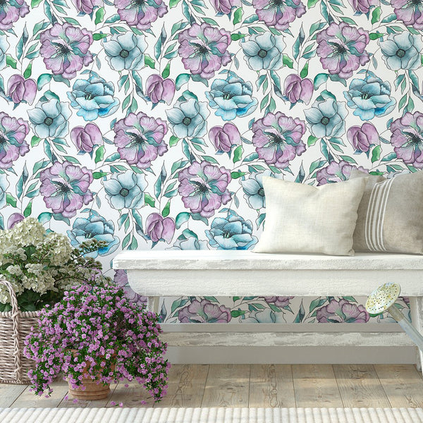 Watercolor Colorful Flowers Wallpaper CC214 - CostaCover - Peel and stick Removable Wallpaper - adhesive wallpaper - bathroom wallpaper - bedroom interior